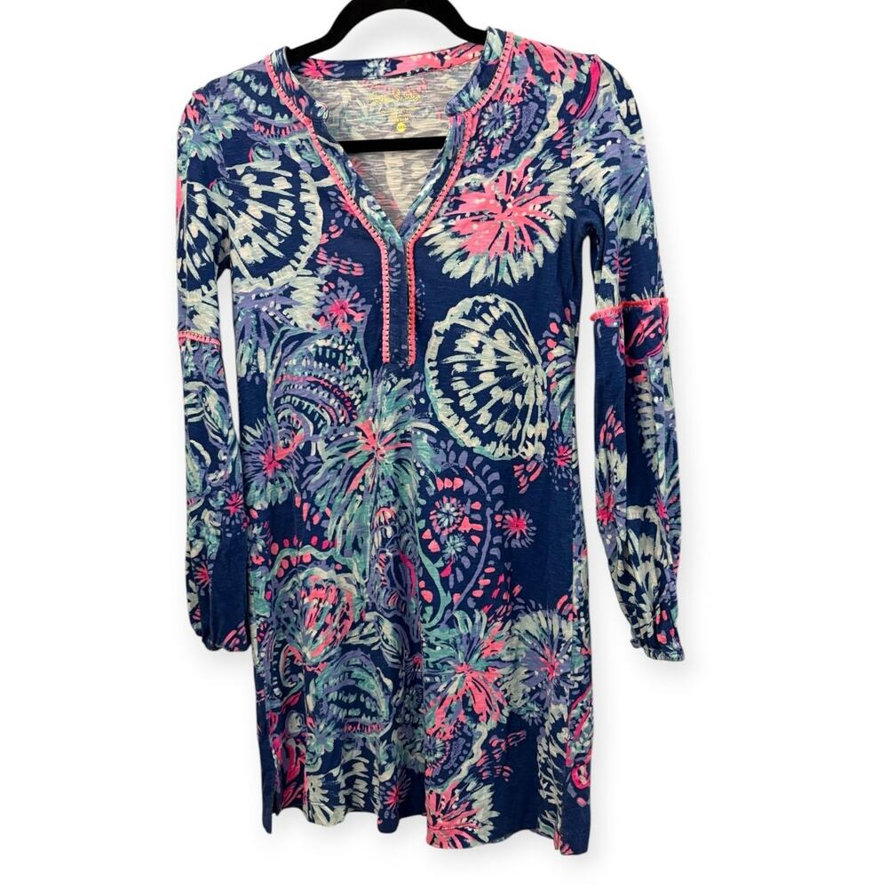 Lilly Pulitzer Joy Tunic Dress in Deep Indigo Gypsea Girl Print XXS Cotton Blend
